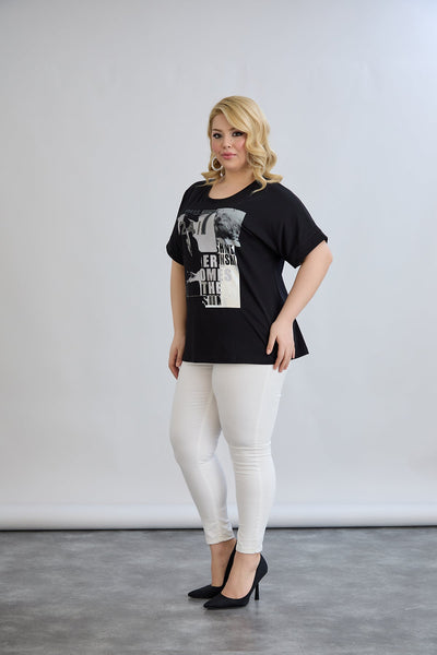 Baumwoll-T-Shirt mit Print und Strass – Schwarz