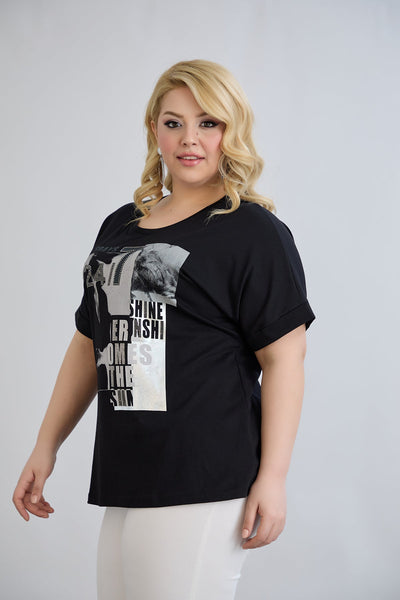 Baumwoll-T-Shirt mit Print und Strass – Schwarz