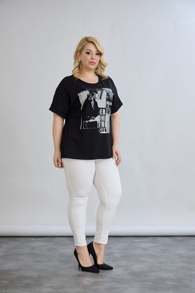 Baumwoll-T-Shirt mit Print und Strass – Schwarz