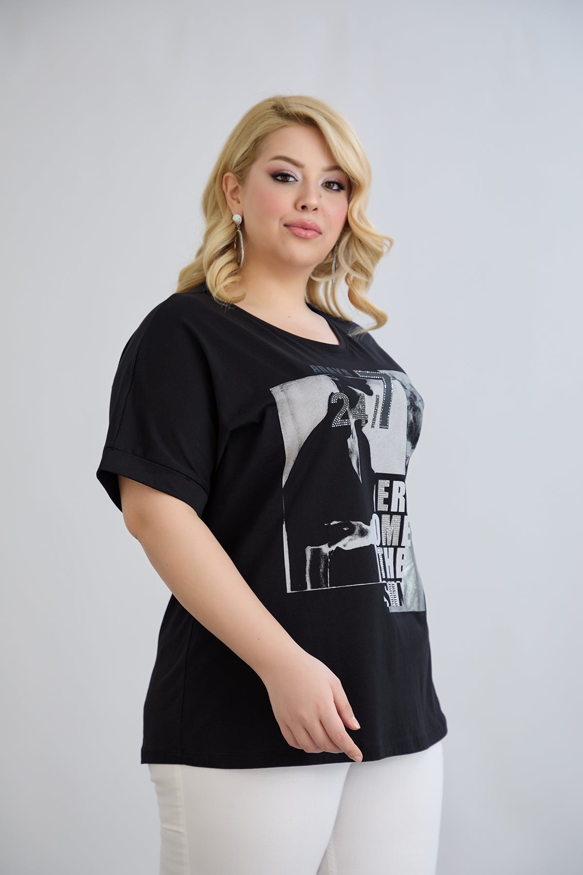 Baumwoll-T-Shirt mit Print und Strass – Schwarz