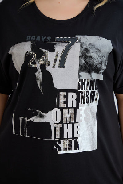 Baumwoll-T-Shirt mit Print und Strass – Schwarz