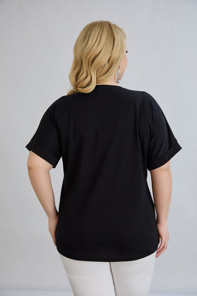 Baumwoll-T-Shirt mit Print und Strass – Schwarz