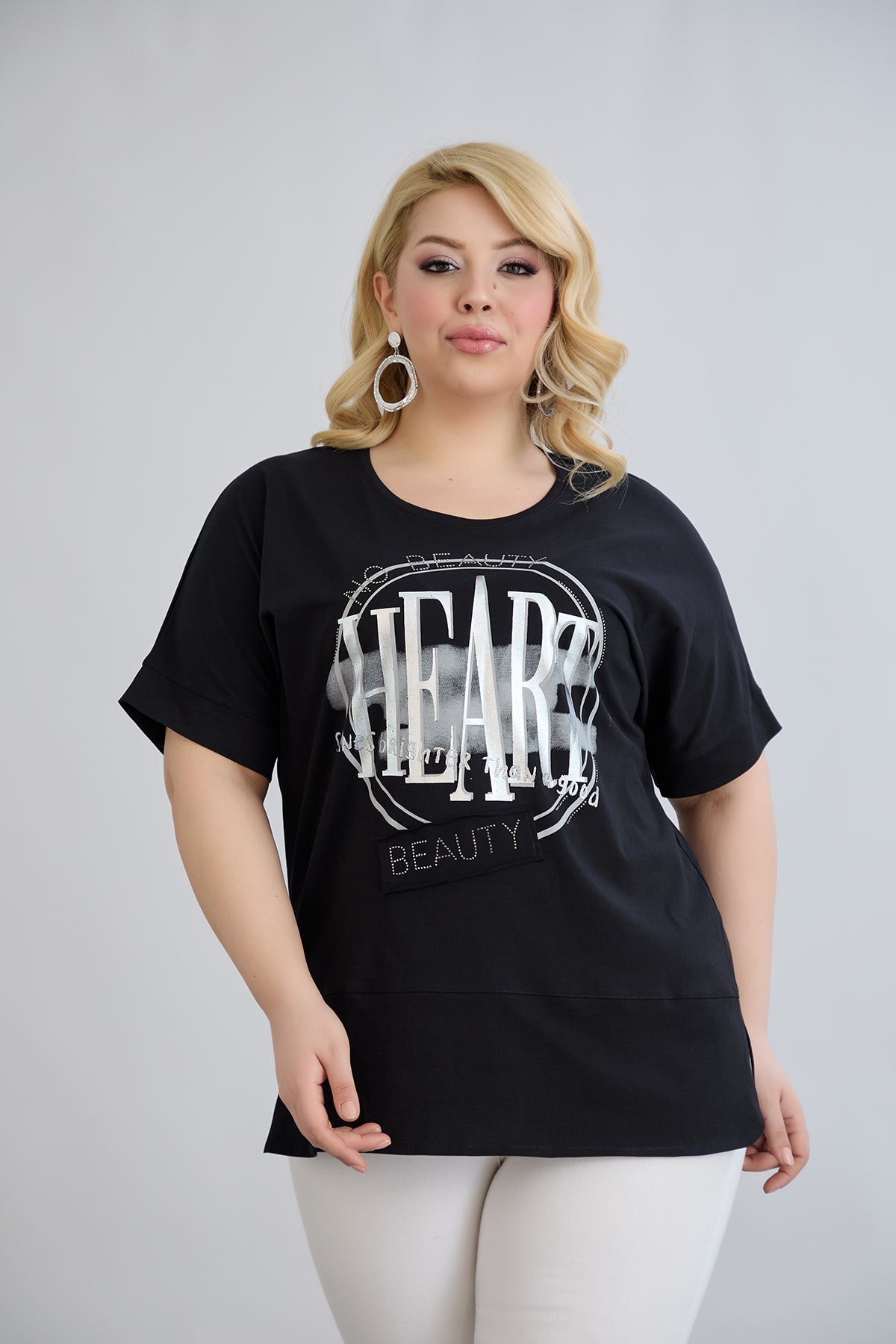 Baumwoll-T-Shirt mit Print und Strass Heart - Schwarz