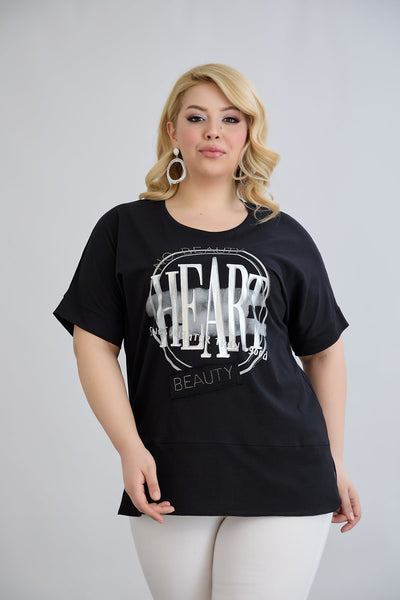 Baumwoll-T-Shirt mit Print und Strass Heart - Schwarz
