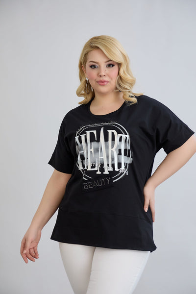 Baumwoll-T-Shirt mit Print und Strass Heart - Schwarz