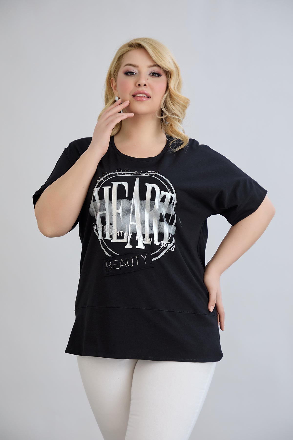 Baumwoll-T-Shirt mit Print und Strass Heart - Schwarz