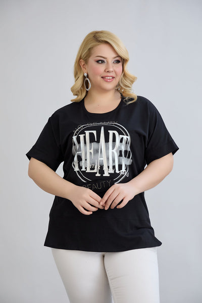 Baumwoll-T-Shirt mit Print und Strass Heart - Schwarz