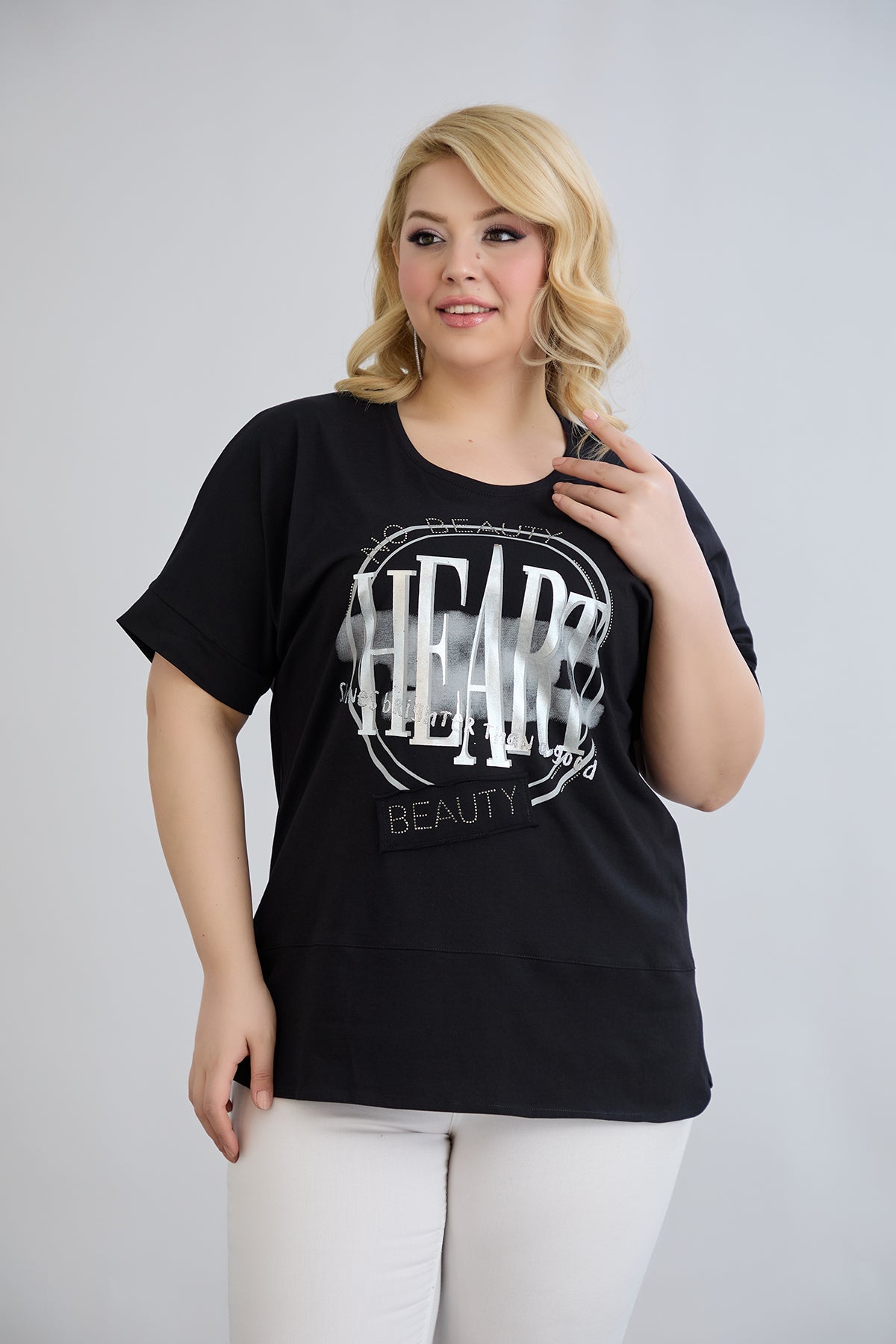 Baumwoll-T-Shirt mit Print und Strass Heart - Schwarz