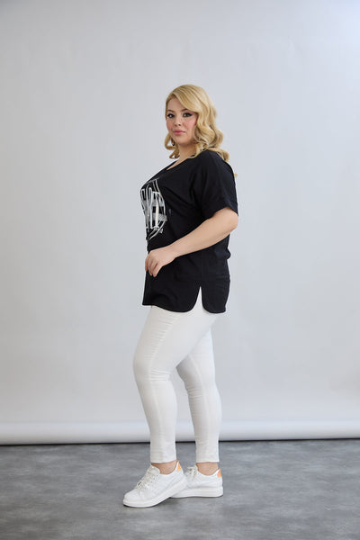 Baumwoll-T-Shirt mit Print und Strass Heart - Schwarz