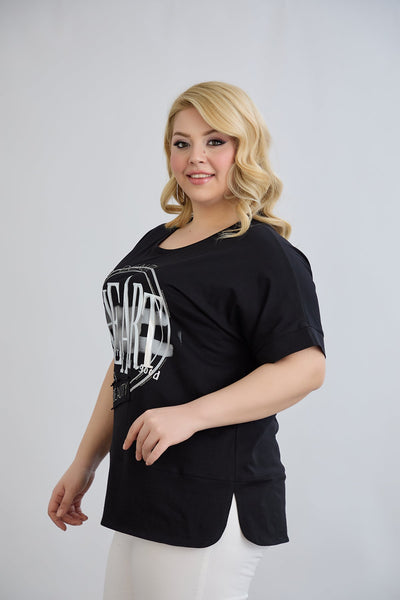 Baumwoll-T-Shirt mit Print und Strass Heart - Schwarz