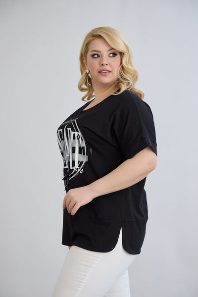 Baumwoll-T-Shirt mit Print und Strass Heart - Schwarz