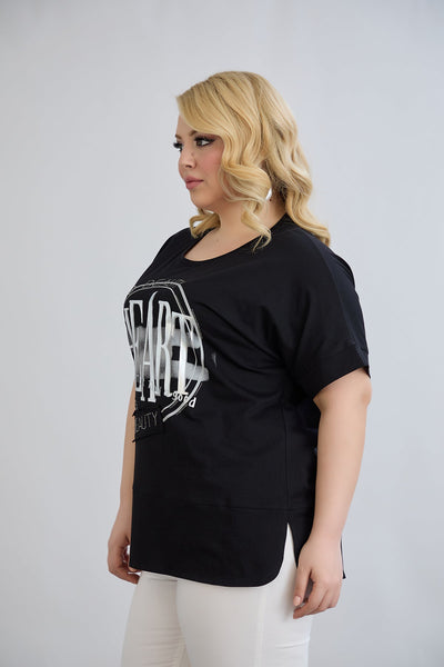 Baumwoll-T-Shirt mit Print und Strass Heart - Schwarz