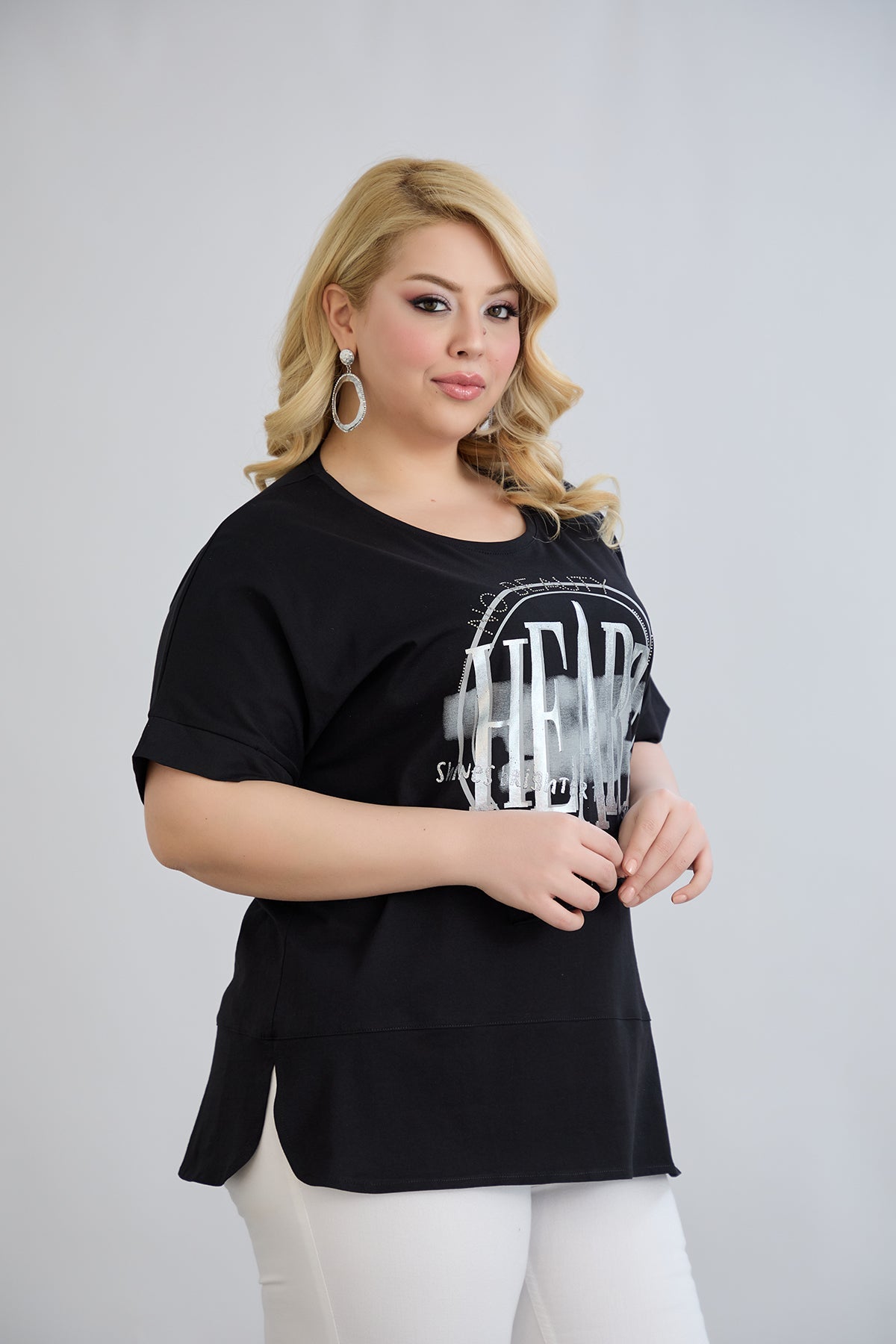 Baumwoll-T-Shirt mit Print und Strass Heart - Schwarz