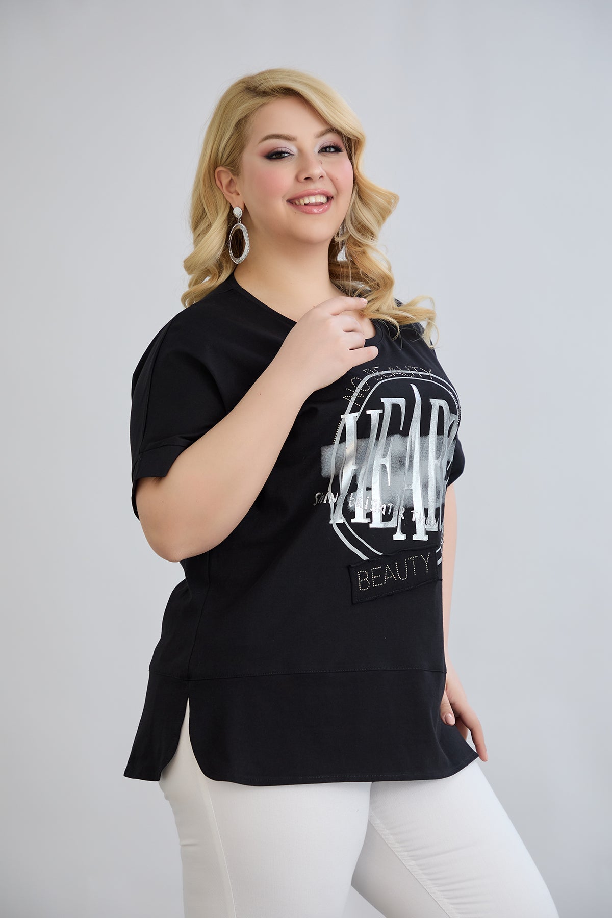 Baumwoll-T-Shirt mit Print und Strass Heart - Schwarz
