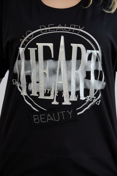 Baumwoll-T-Shirt mit Print und Strass Heart - Schwarz