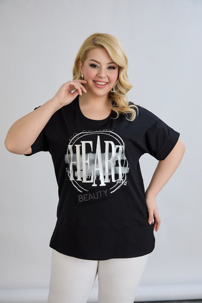 Baumwoll-T-Shirt mit Print und Strass Heart - Schwarz