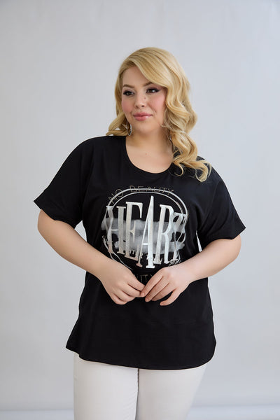 Baumwoll-T-Shirt mit Print und Strass Heart - Schwarz