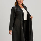 Elegante lange Strickjacke mit Leder und Bindebändern – Graphit
