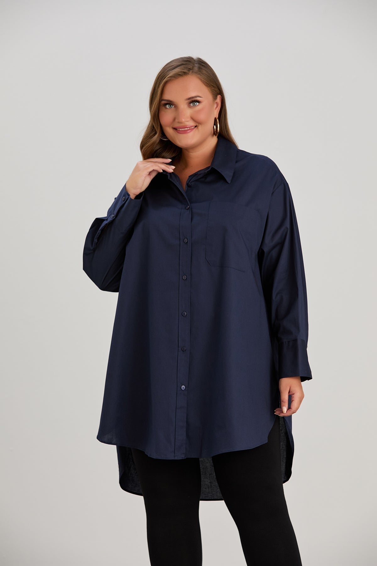 Oversized Damen Lange Popeline-Hemd in Dunkelblau