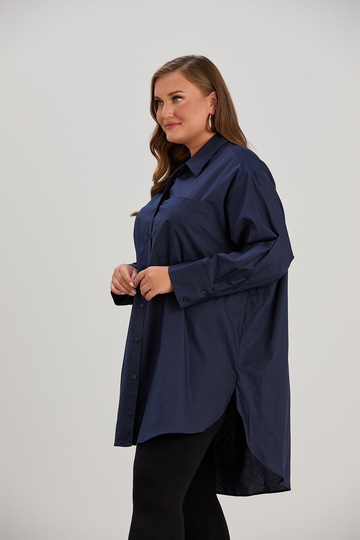 Oversized Damen Lange Popeline-Hemd in Dunkelblau