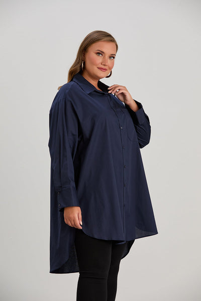 Oversized Damen Lange Popeline-Hemd in Dunkelblau