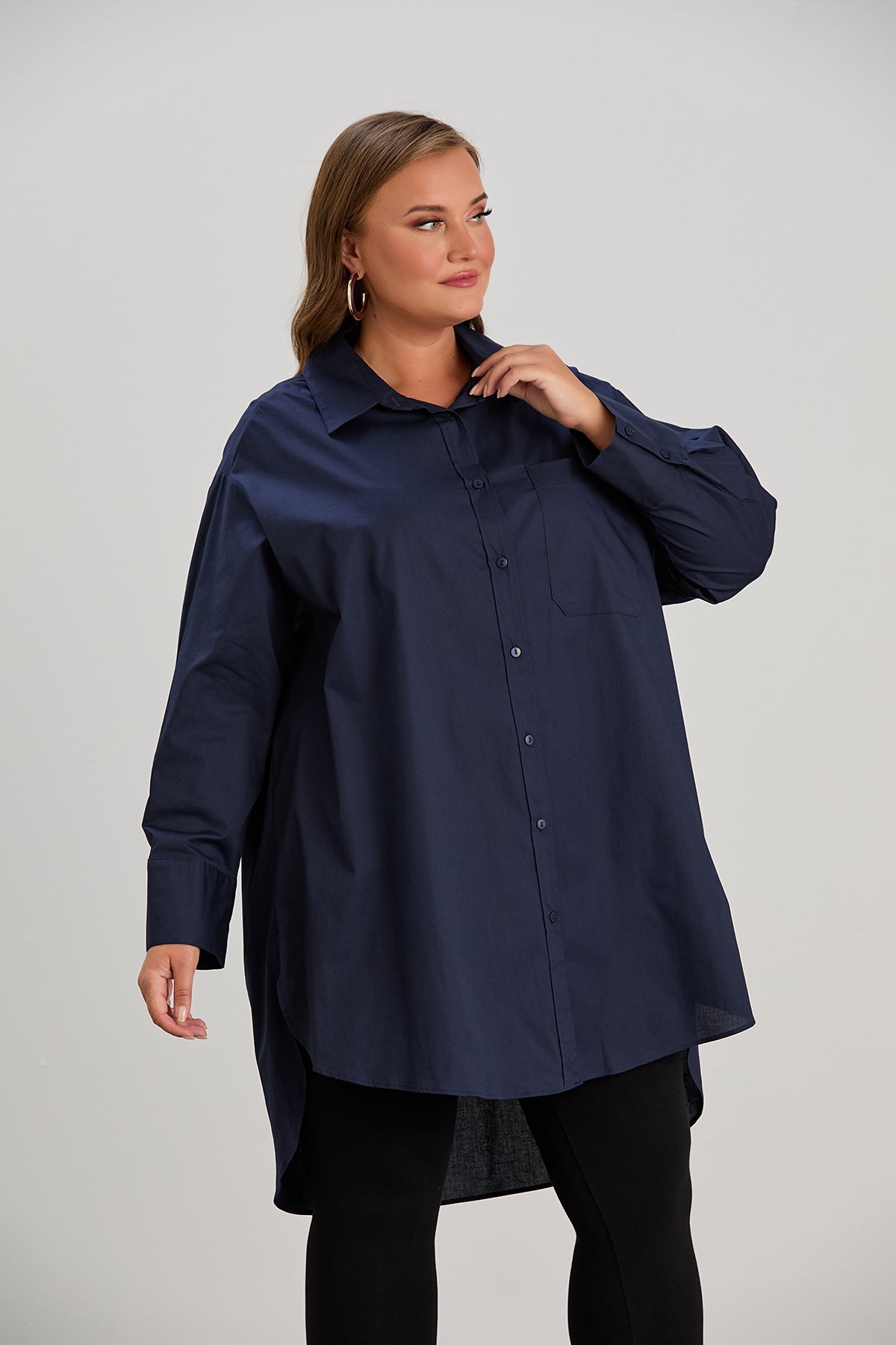 Oversized Damen Lange Popeline-Hemd in Dunkelblau