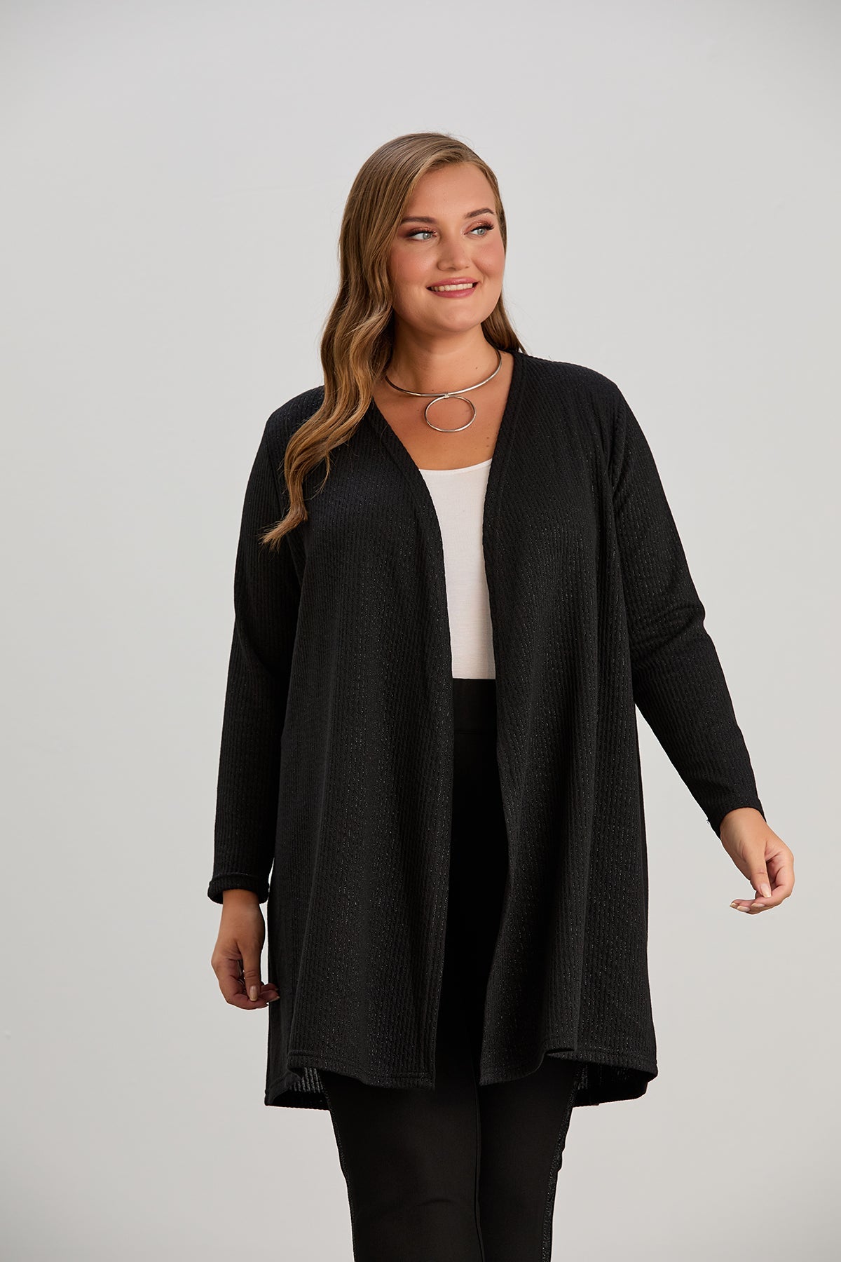 Long-Strickjacke mit Lurex - schwarz