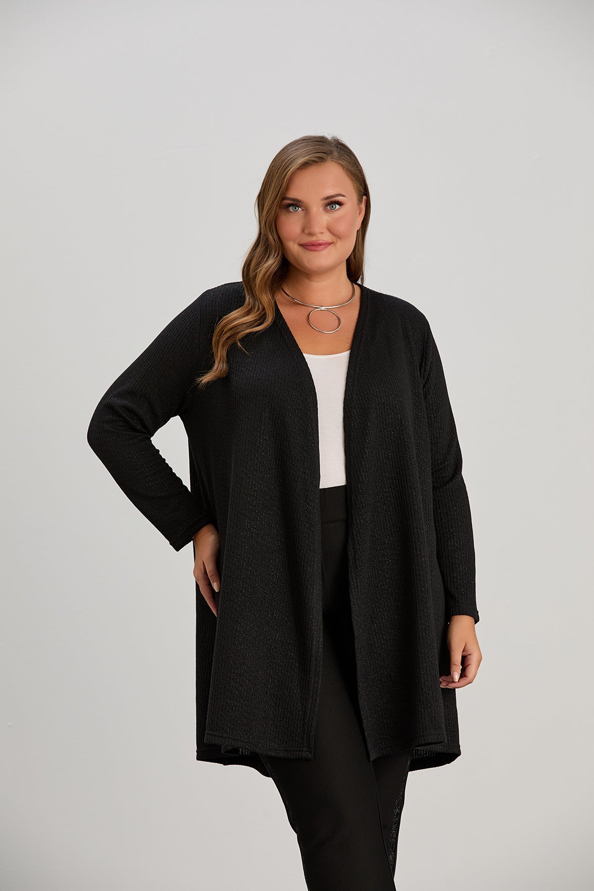 Long-Strickjacke mit Lurex - schwarz