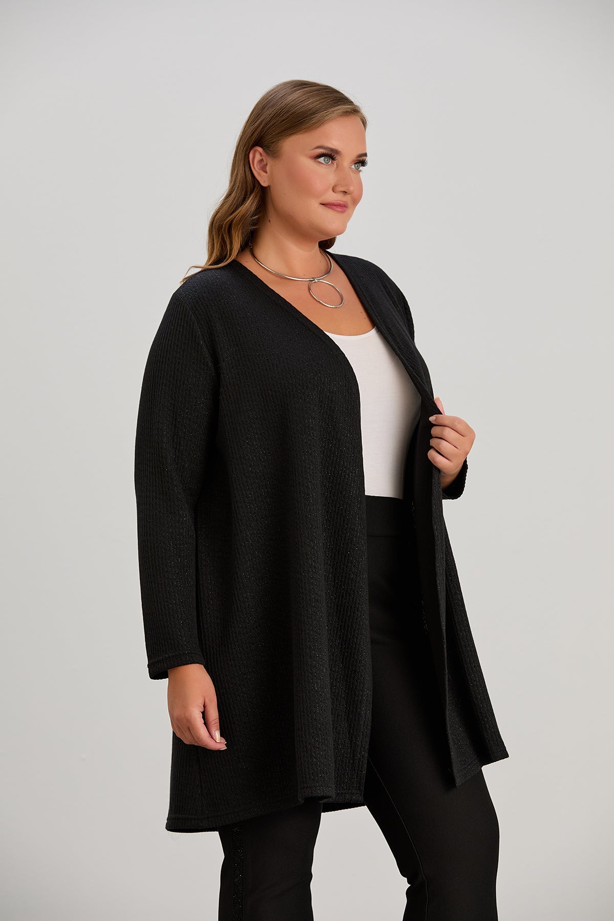 Long-Strickjacke mit Lurex - schwarz