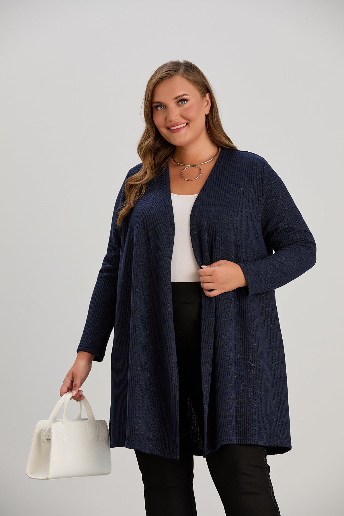 Long-Strickjacke mit Lurex in Dunkelblau