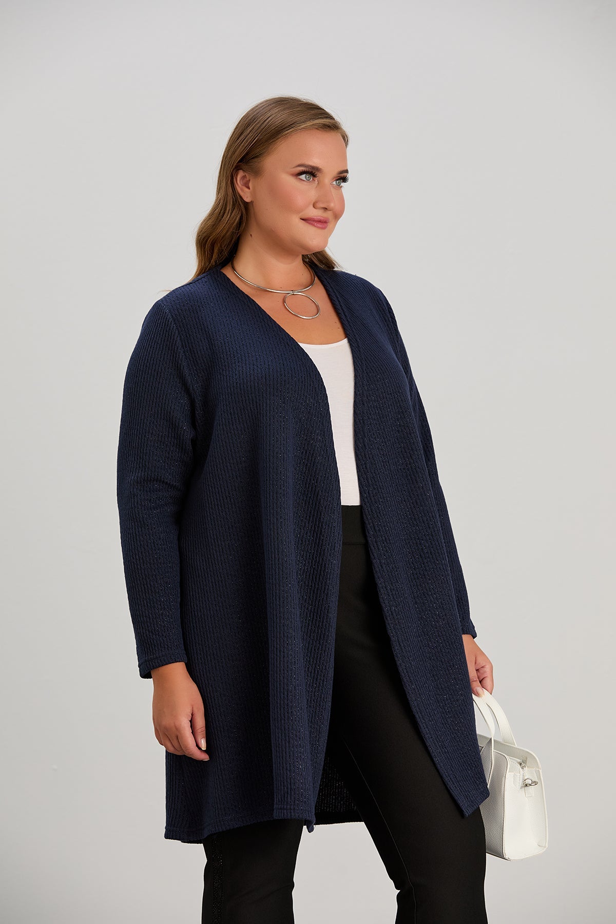 Long-Strickjacke mit Lurex in Dunkelblau