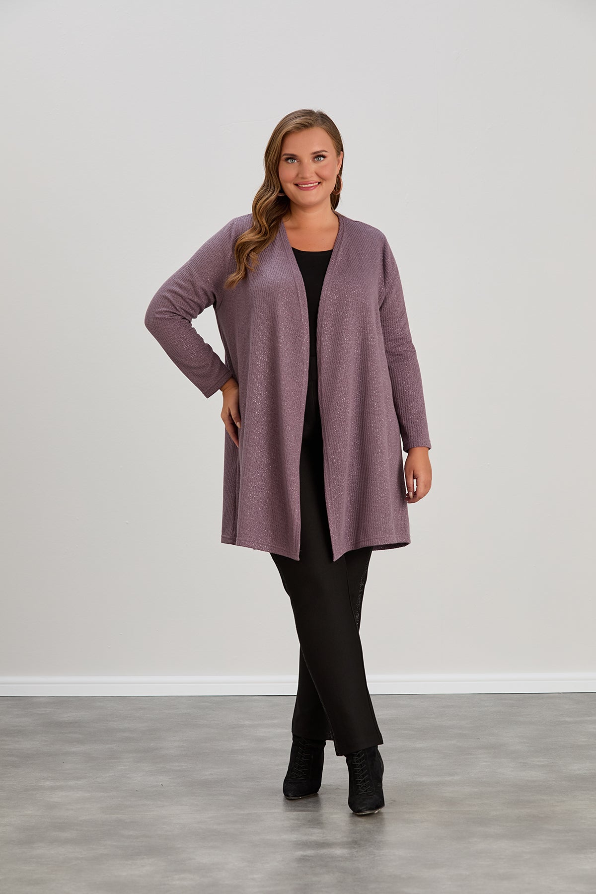 Long-Strickjacke mit Lurex – Lila