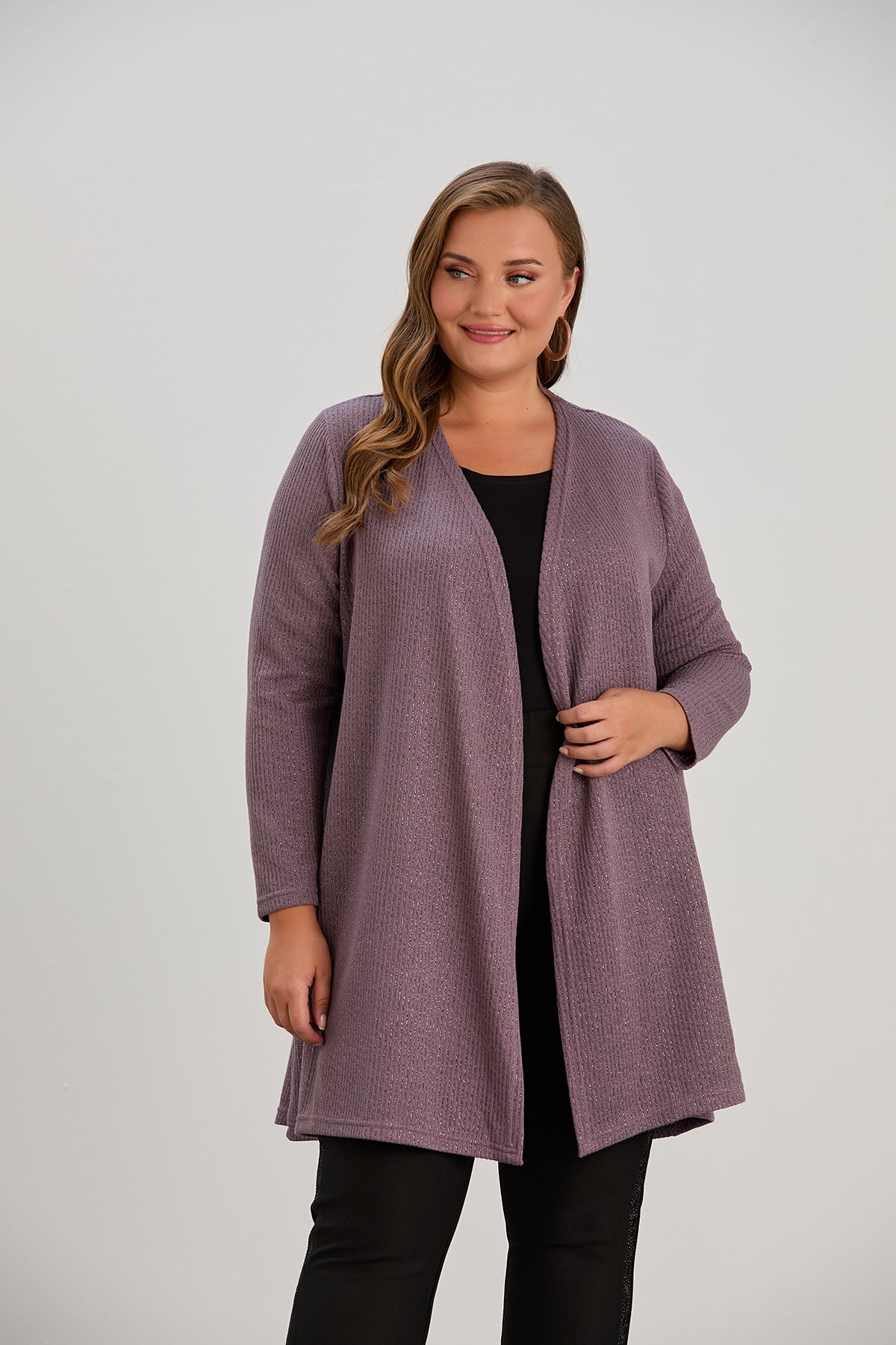 Long-Strickjacke mit Lurex – Lila