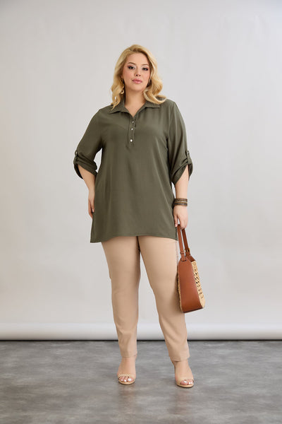 3/4-ärmeliges Hemd mit Knopfleiste - Khaki