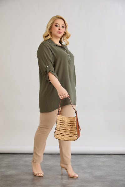 3/4-ärmeliges Hemd mit Knopfleiste - Khaki