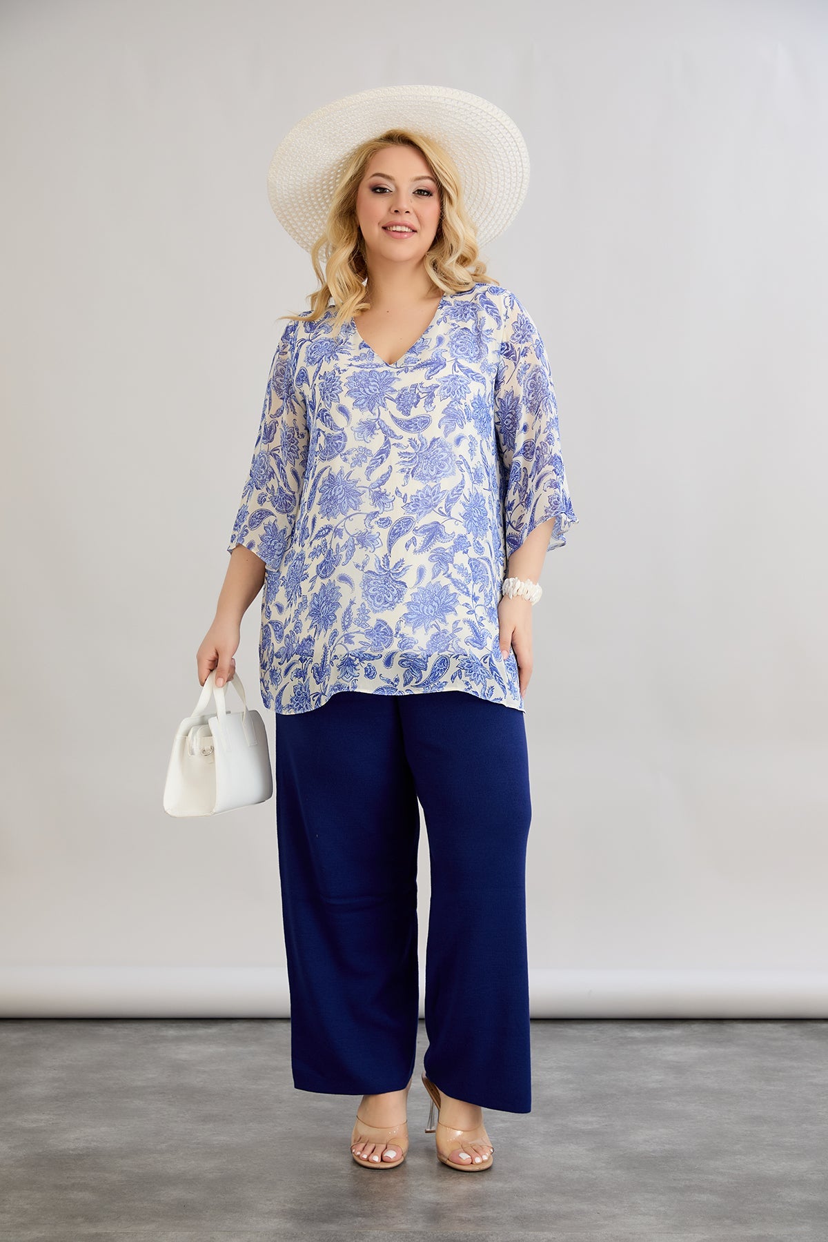 Geblümte 3/4-Ärmel-Bluse aus Chiffon