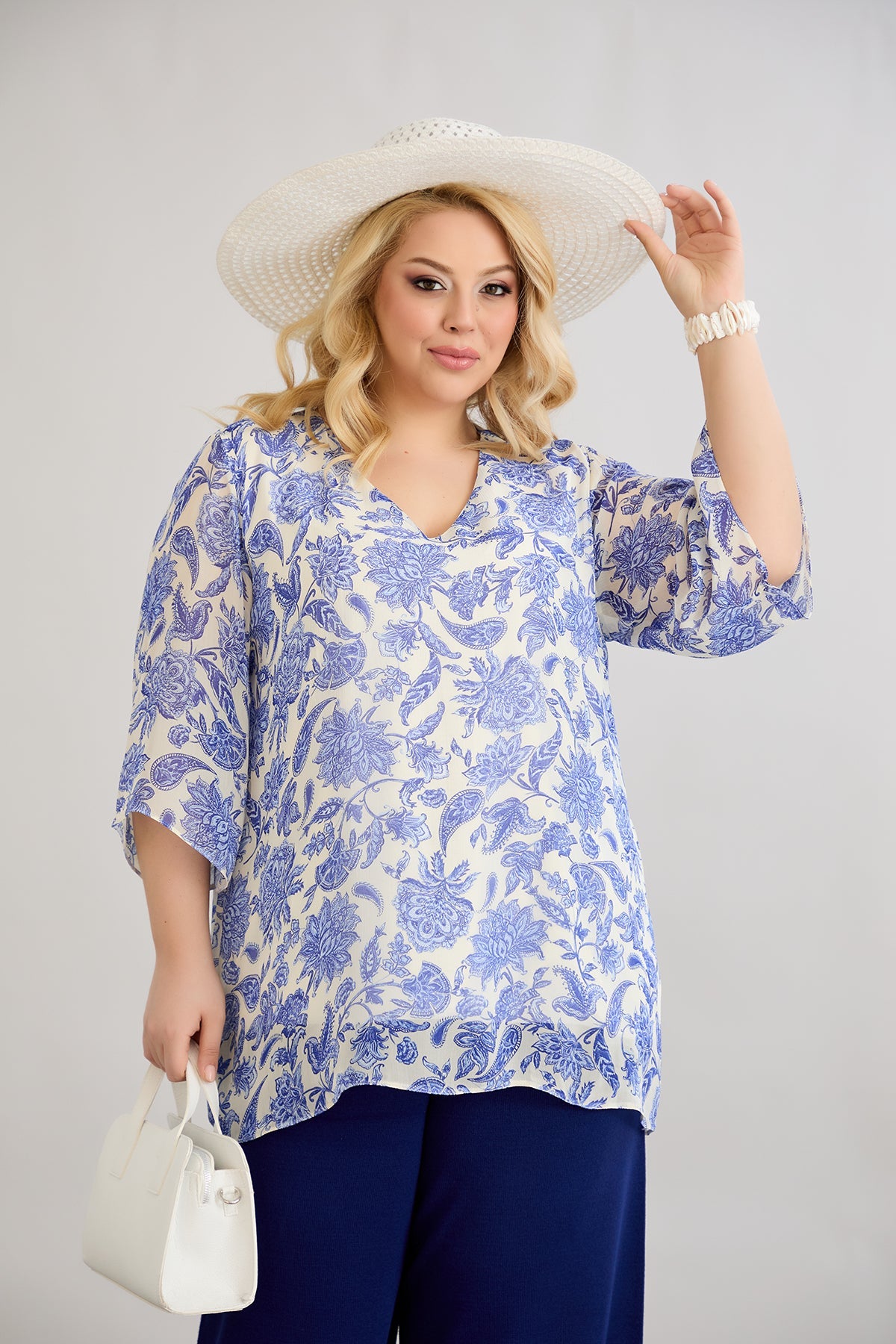 Geblümte 3/4-Ärmel-Bluse aus Chiffon