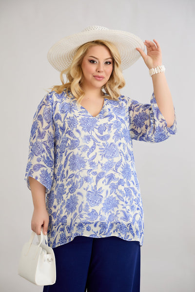 Geblümte 3/4-Ärmel-Bluse aus Chiffon