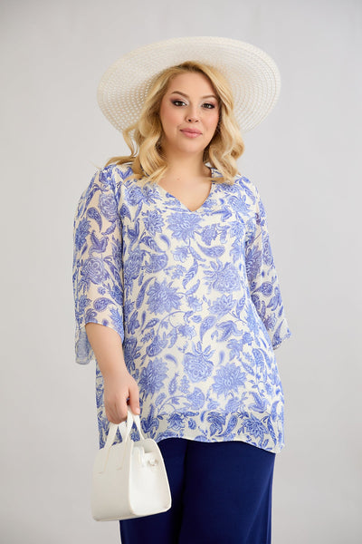 Geblümte 3/4-Ärmel-Bluse aus Chiffon