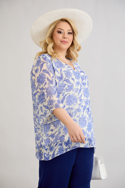 Geblümte 3/4-Ärmel-Bluse aus Chiffon
