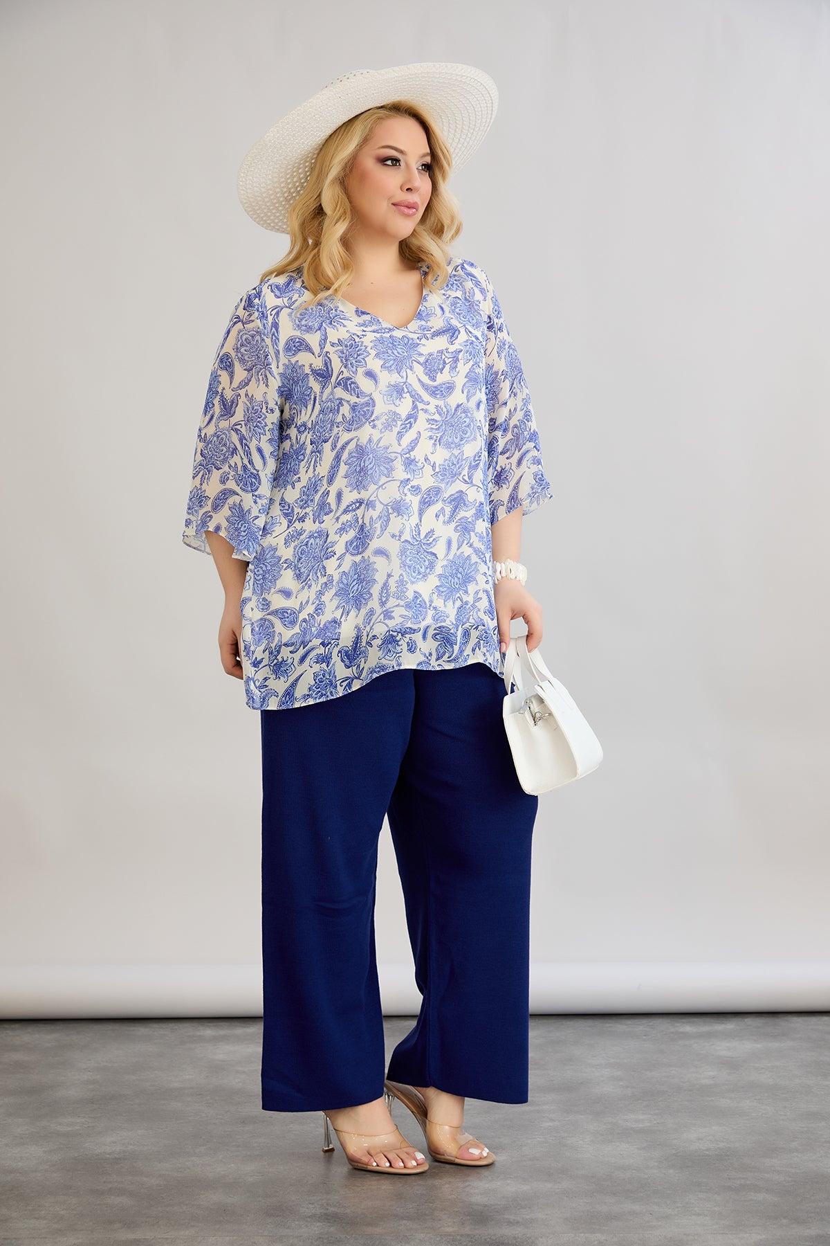 Geblümte 3/4-Ärmel-Bluse aus Chiffon