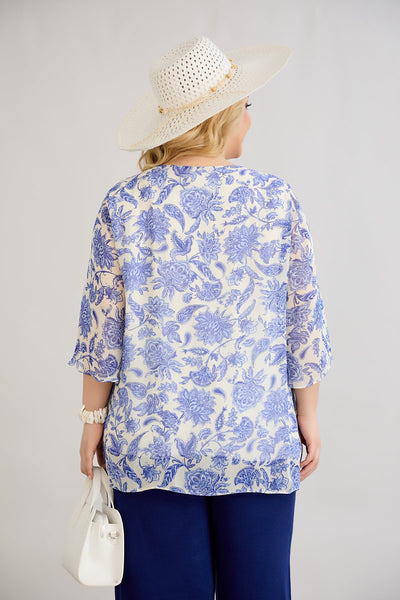 Geblümte 3/4-Ärmel-Bluse aus Chiffon