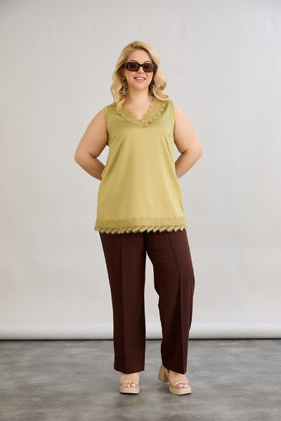 Satin-Luxus-Top mit Spitze - Oliv