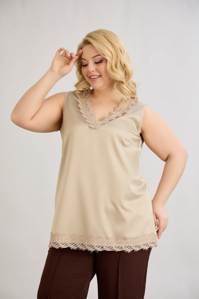 Satin-Luxus-Top mit Spitze - Sand