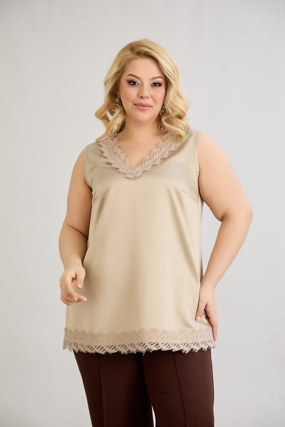 Satin-Luxus-Top mit Spitze - Sand