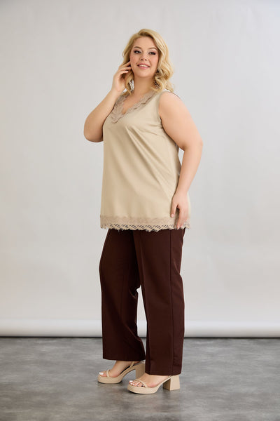 Satin-Luxus-Top mit Spitze - Sand