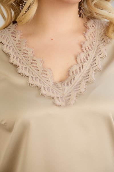 Satin-Luxus-Top mit Spitze - Sand