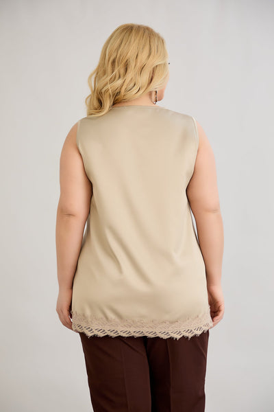 Satin-Luxus-Top mit Spitze - Sand