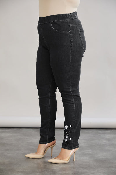 Elastische Damenjeans mit Stickerei - Schwarz