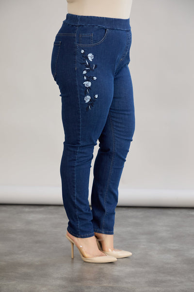 Elastische Damenjeans mit Stickerei - Dunkelblau